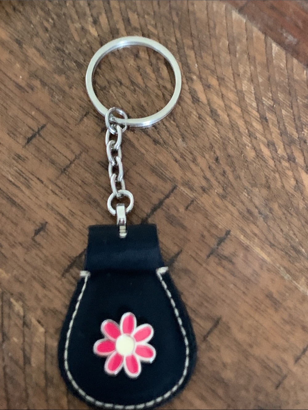 Women's Black Keyring with Pink Flower Accent